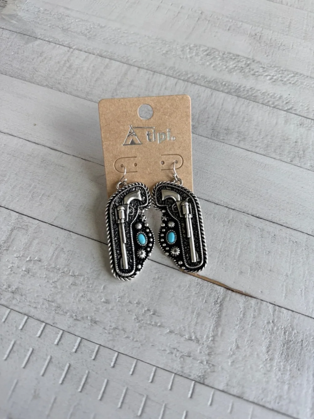Tipi Silver Western Turquoise Pistol Earrings